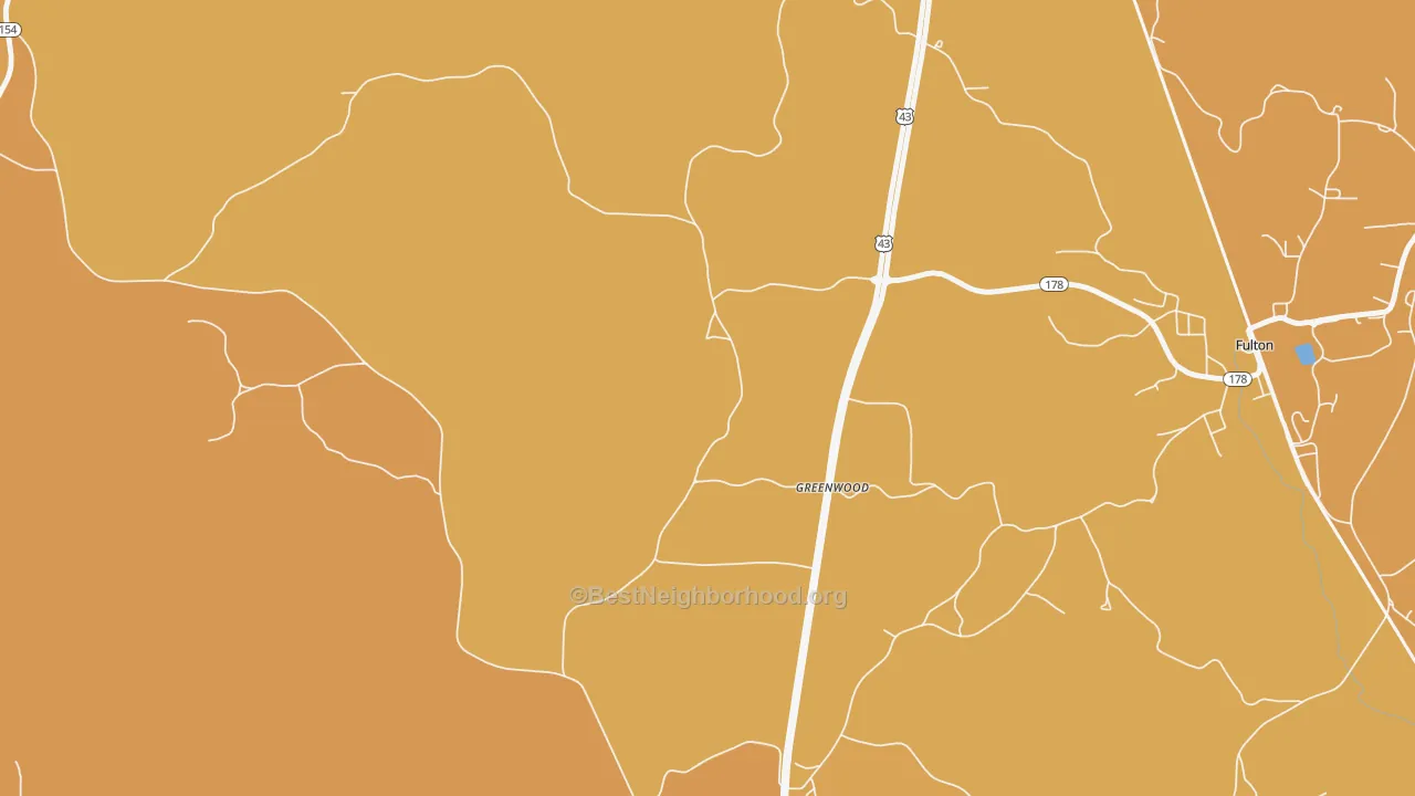 Map of the best neighborhoods in the Greenwood area, with better matches in green and worse matches in red