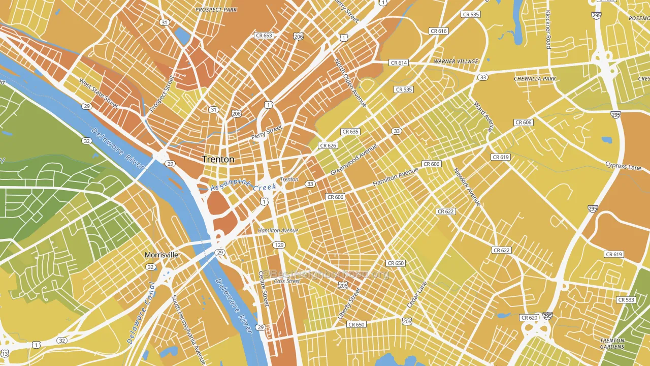 Map of the best neighborhoods in the Greenwood and Hamilton, Trenton area, with better matches in green and worse matches in red