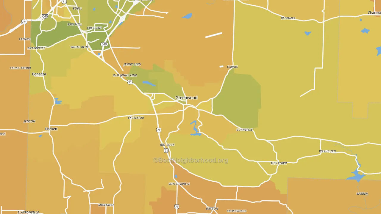 Map of the best neighborhoods in the Greenwood area, with better matches in green and worse matches in red