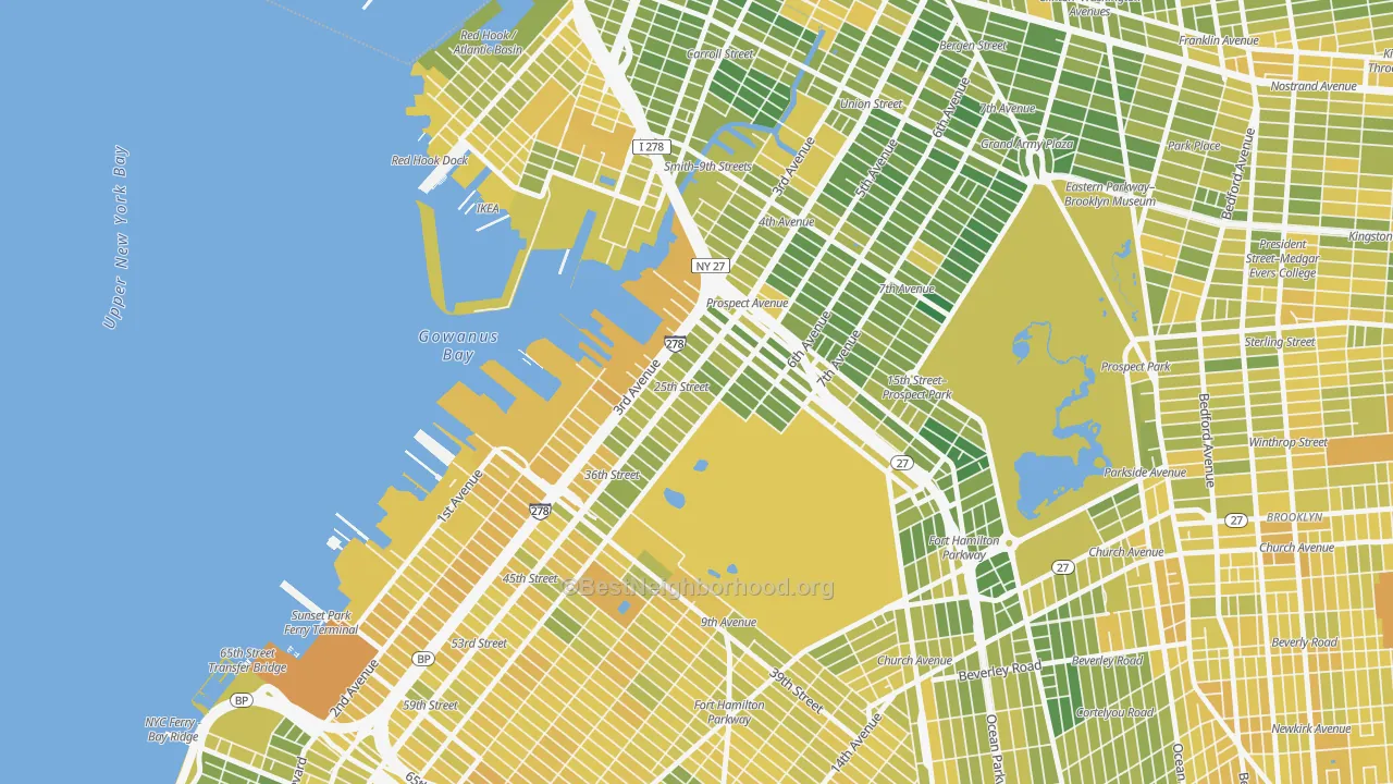 Map of the best neighborhoods in the Greenwood, Brooklyn area, with better matches in green and worse matches in red