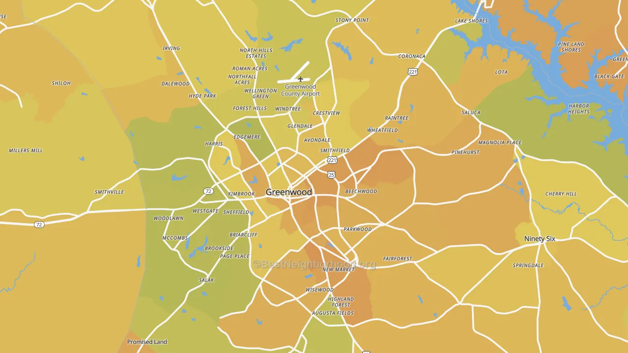 Map of the best neighborhoods in the Greenwood County area, with better matches in green and worse matches in red