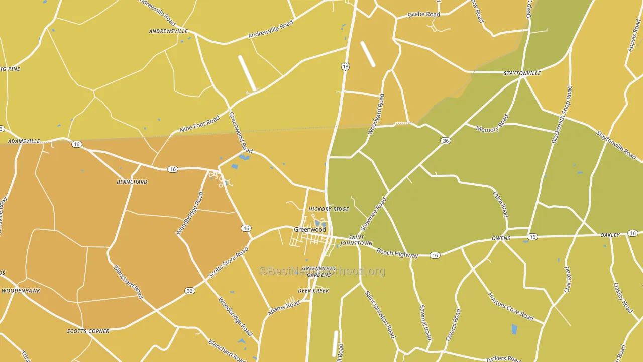 Map of the best neighborhoods in the Greenwood area, with better matches in green and worse matches in red