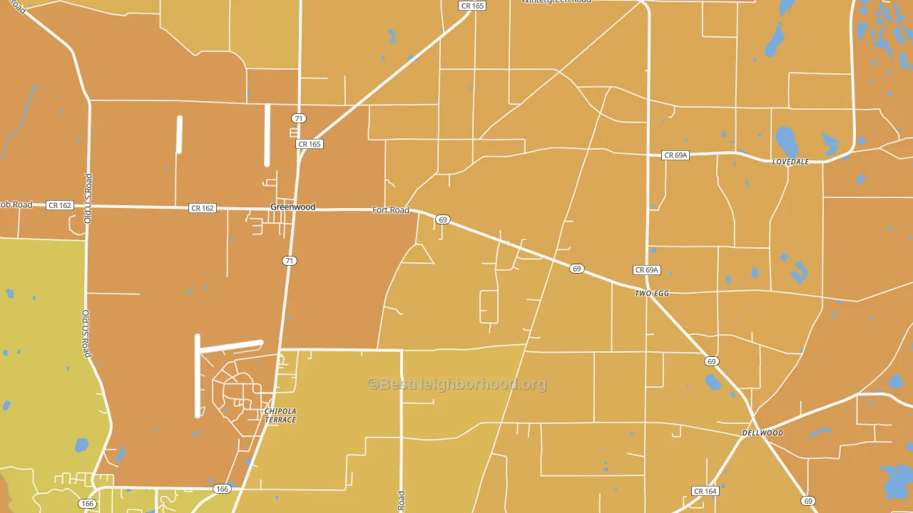 Map of the best neighborhoods in the Greenwood area, with better matches in green and worse matches in red