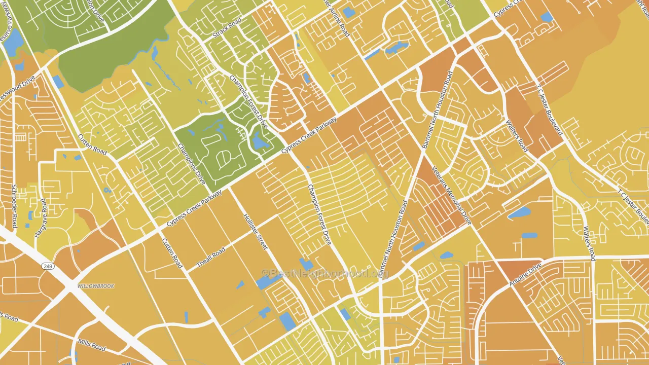 Map of the best neighborhoods in the Greenwood Forest, Houston area, with better matches in green and worse matches in red