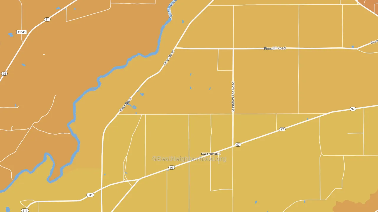 Map of the best neighborhoods in the Greenwood area, with better matches in green and worse matches in red
