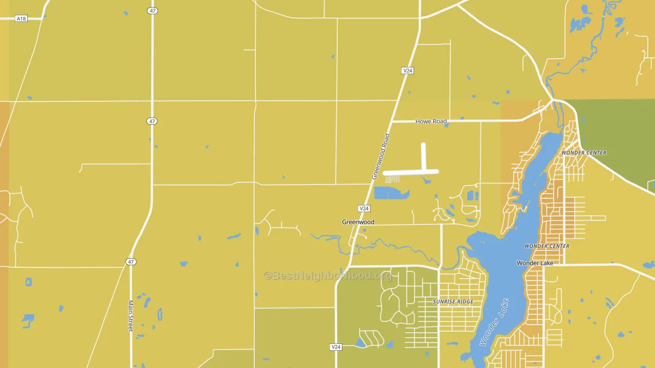 Map of the best neighborhoods in the Greenwood area, with better matches in green and worse matches in red