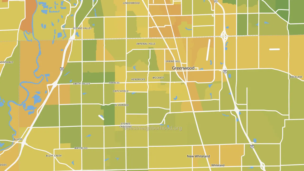 Map of the best neighborhoods in the Greenwood area, with better matches in green and worse matches in red