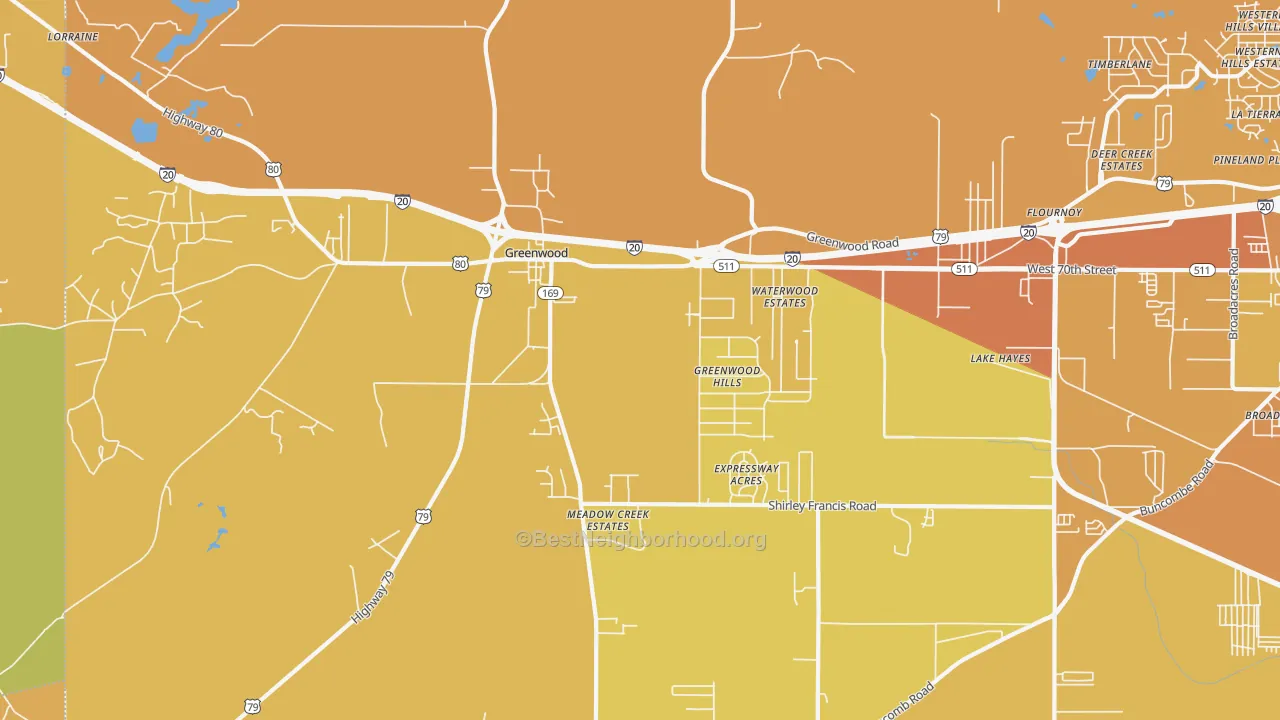 Map of the best neighborhoods in the Greenwood area, with better matches in green and worse matches in red