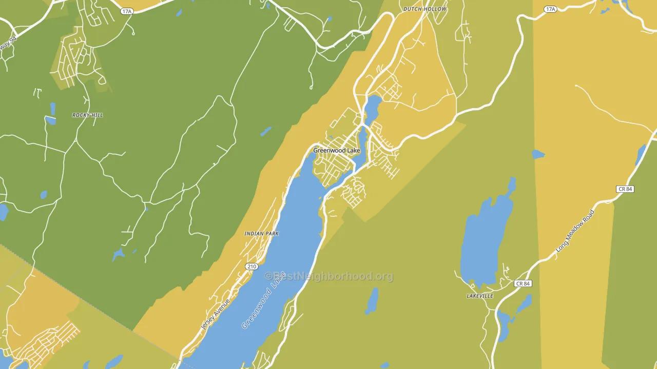 Map of the best neighborhoods in the Greenwood Lake area, with better matches in green and worse matches in red