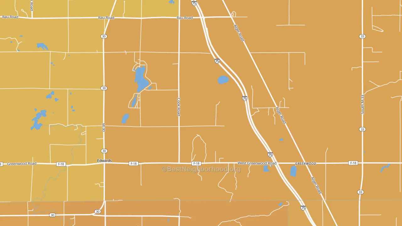 Map of the best neighborhoods in the Greenwood area, with better matches in green and worse matches in red