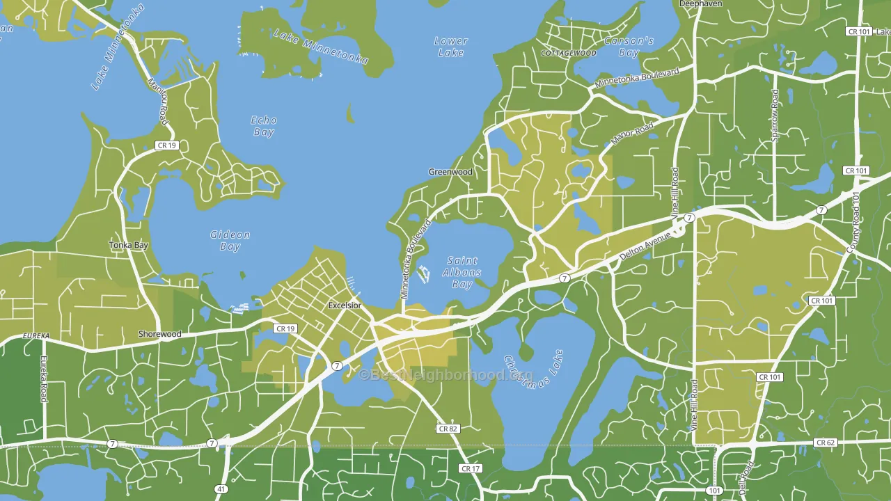 Map of the best neighborhoods in the Greenwood area, with better matches in green and worse matches in red