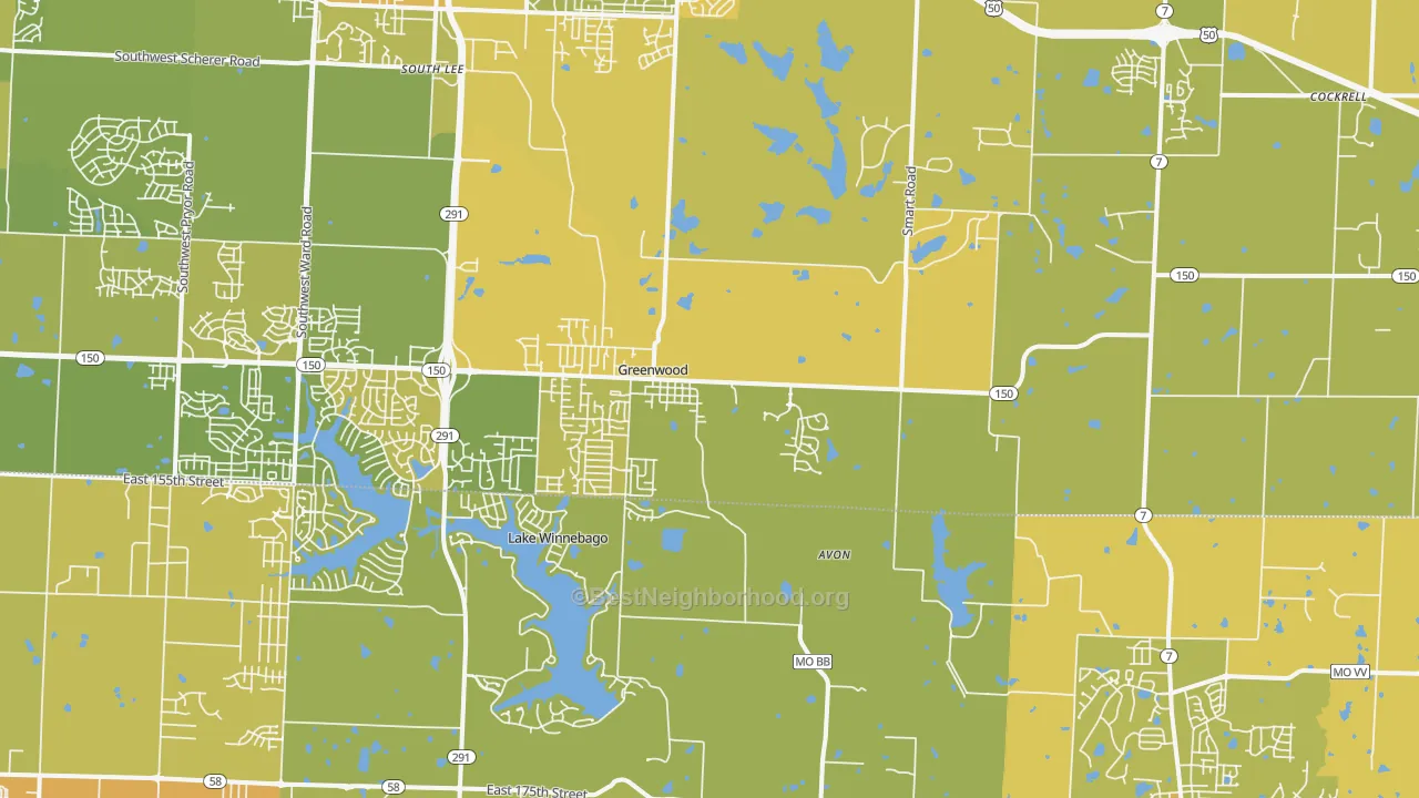 Map of the best neighborhoods in the Greenwood area, with better matches in green and worse matches in red