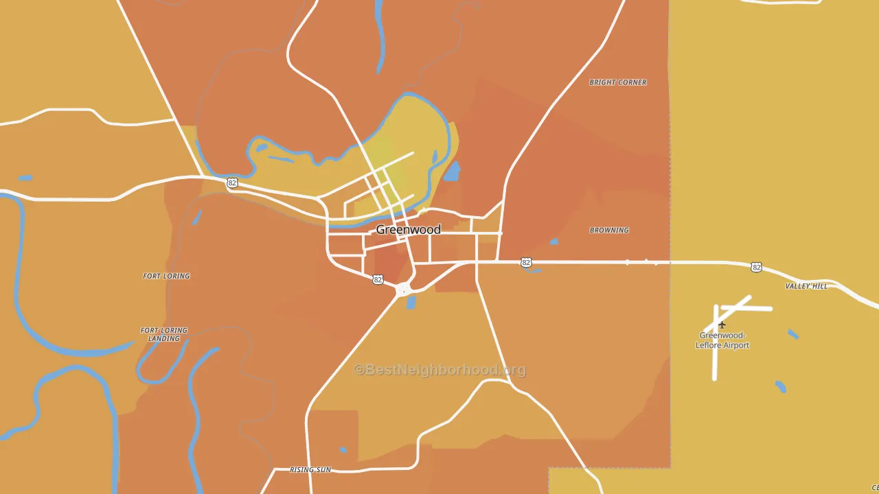 Map of the best neighborhoods in the Greenwood area, with better matches in green and worse matches in red
