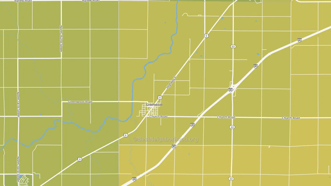 Map of the best neighborhoods in the Greenwood area, with better matches in green and worse matches in red
