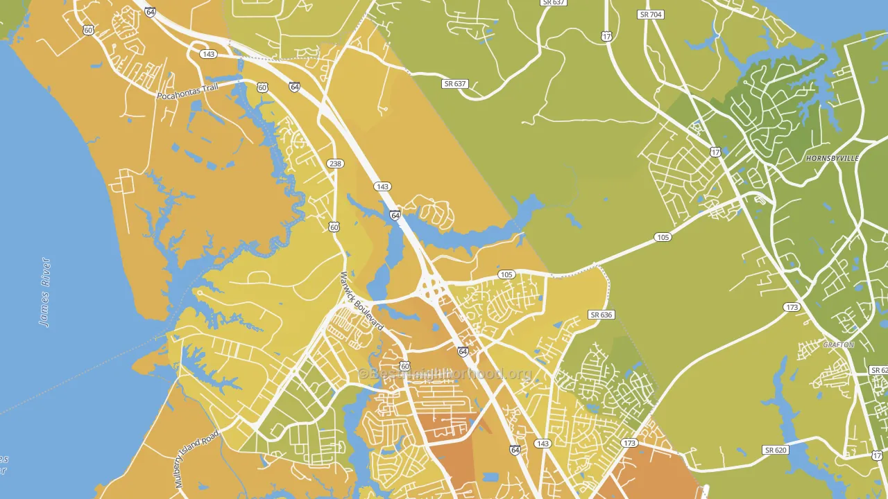 Map of the best neighborhoods in the Greenwood, Newport News area, with better matches in green and worse matches in red