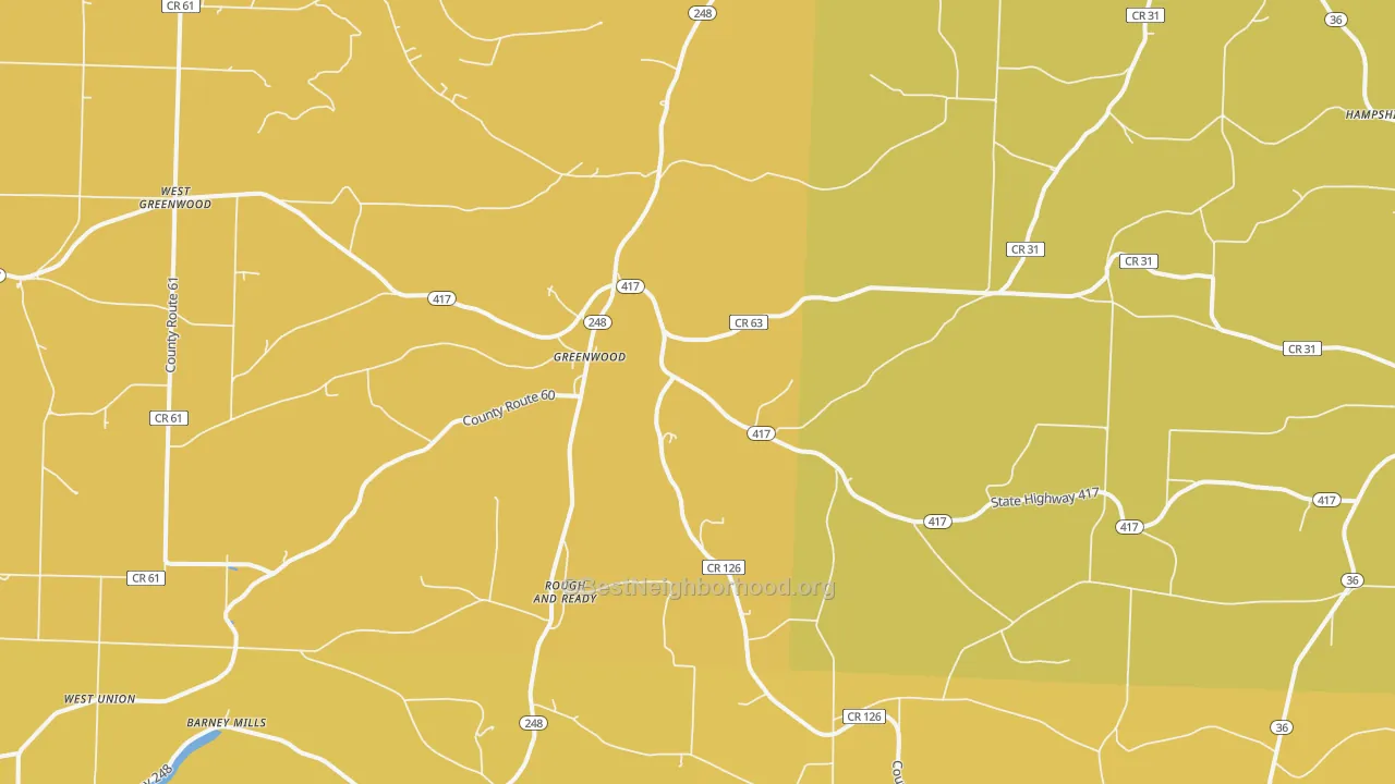 Map of the best neighborhoods in the Greenwood area, with better matches in green and worse matches in red