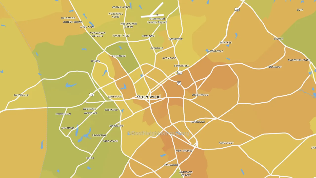 Map of the best neighborhoods in the Greenwood area, with better matches in green and worse matches in red