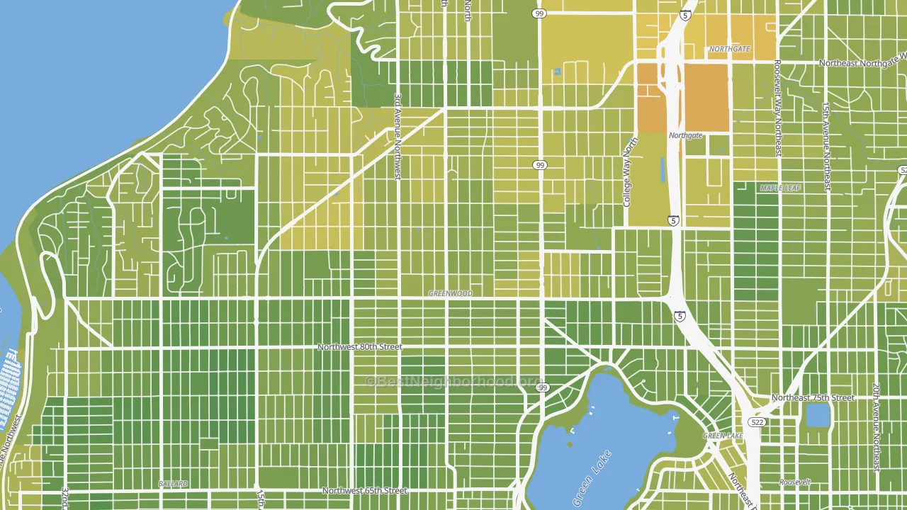 Map of the best neighborhoods in the Greenwood, Seattle area, with better matches in green and worse matches in red