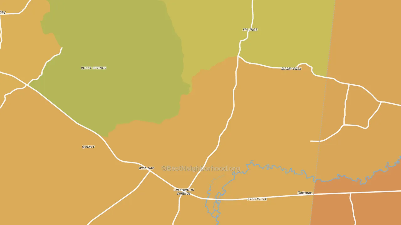 Map of the best neighborhoods in the Greenwood Springs area, with better matches in green and worse matches in red