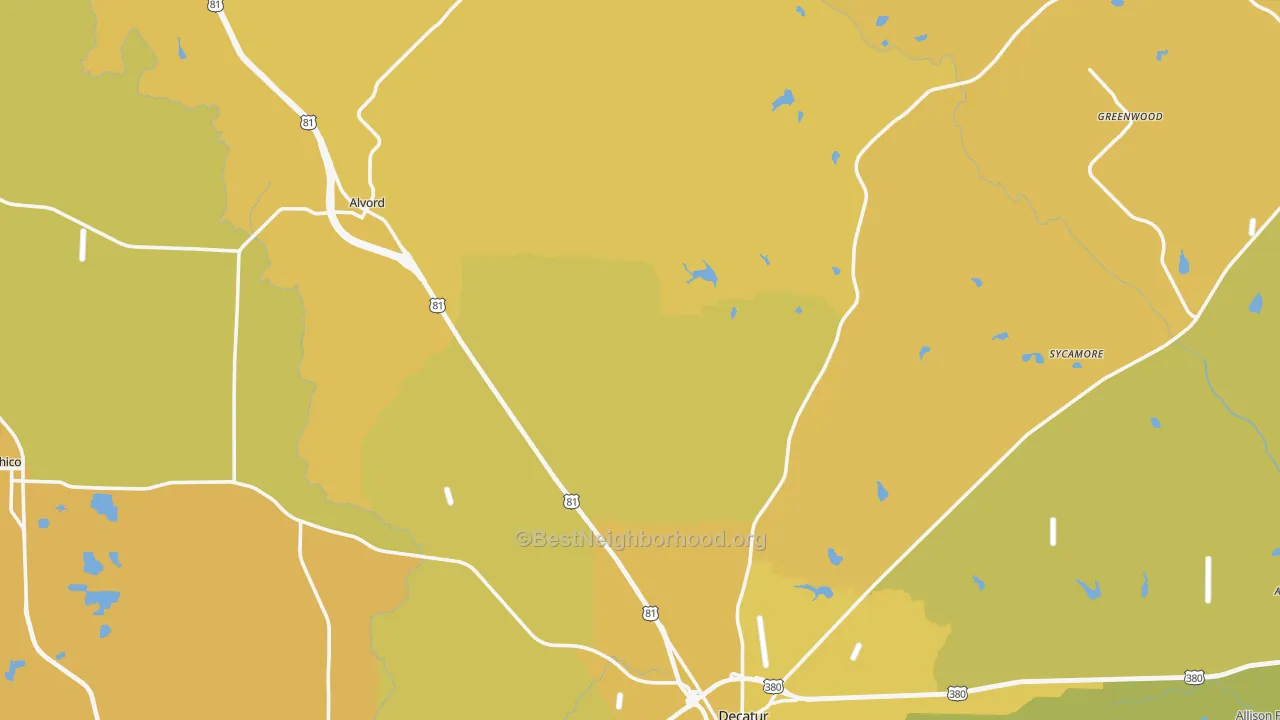 Map of the best neighborhoods in the Greenwood area, with better matches in green and worse matches in red