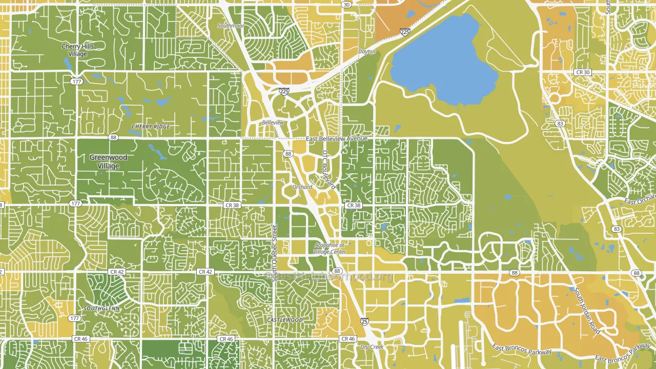 Map of the best neighborhoods in the Greenwood Village area, with better matches in green and worse matches in red