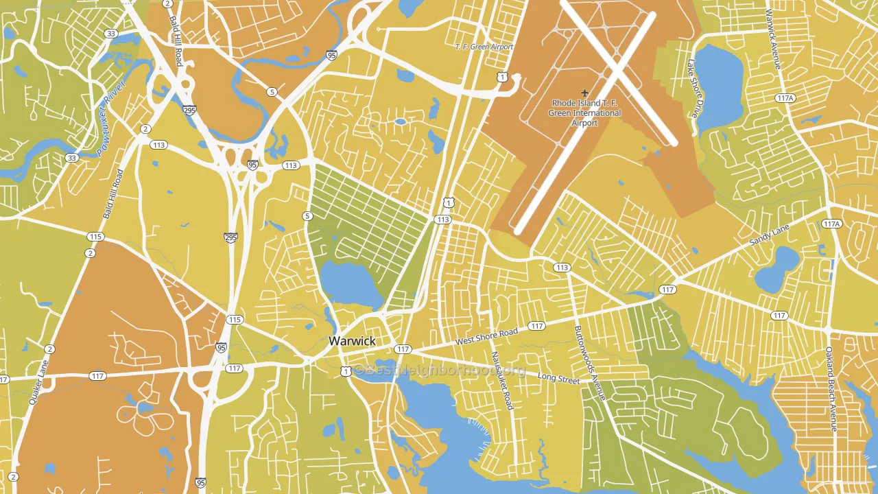 Map of the best neighborhoods in the Greenwood, Warwick area, with better matches in green and worse matches in red