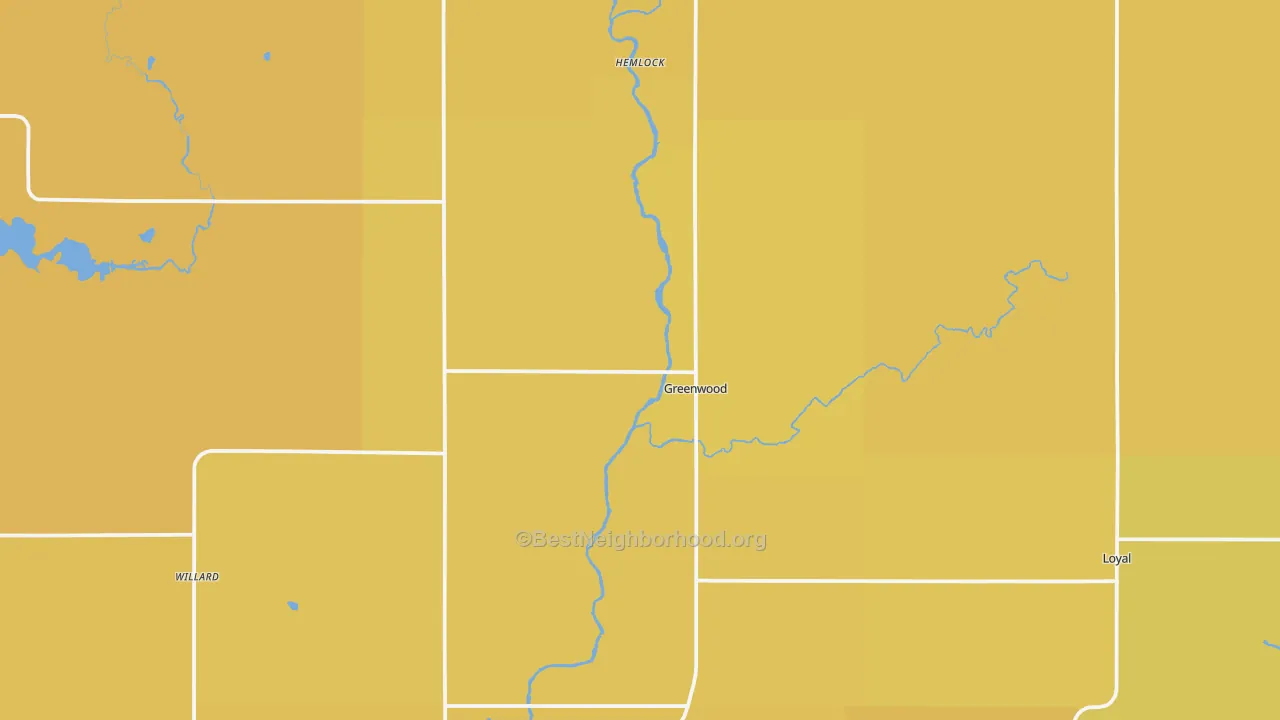 Map of the best neighborhoods in the Greenwood area, with better matches in green and worse matches in red