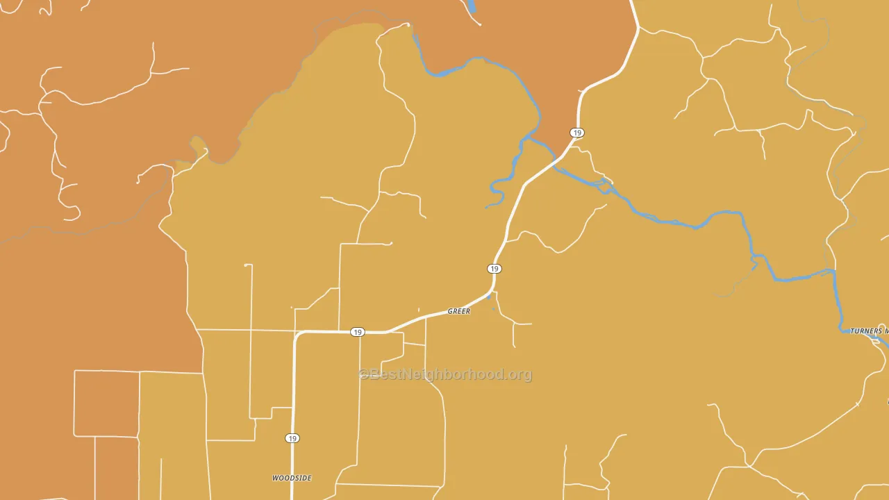 Map of the best neighborhoods in the Greer area, with better matches in green and worse matches in red