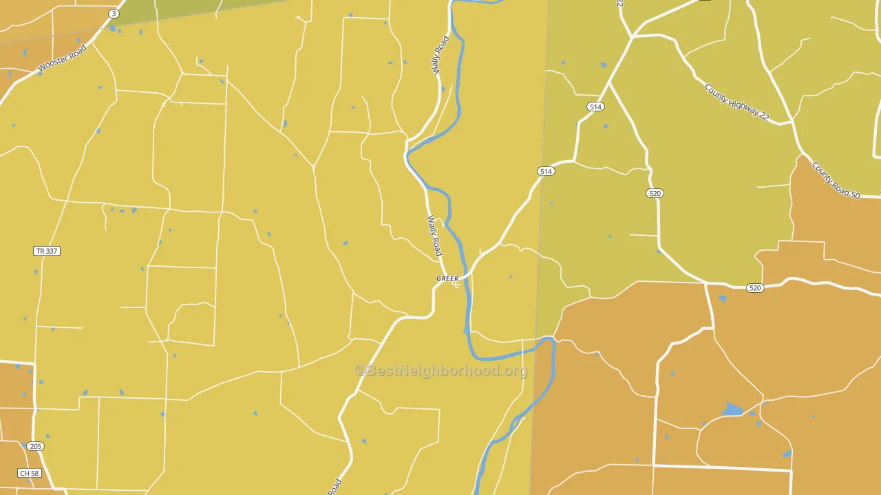 Map of the best neighborhoods in the Greer area, with better matches in green and worse matches in red