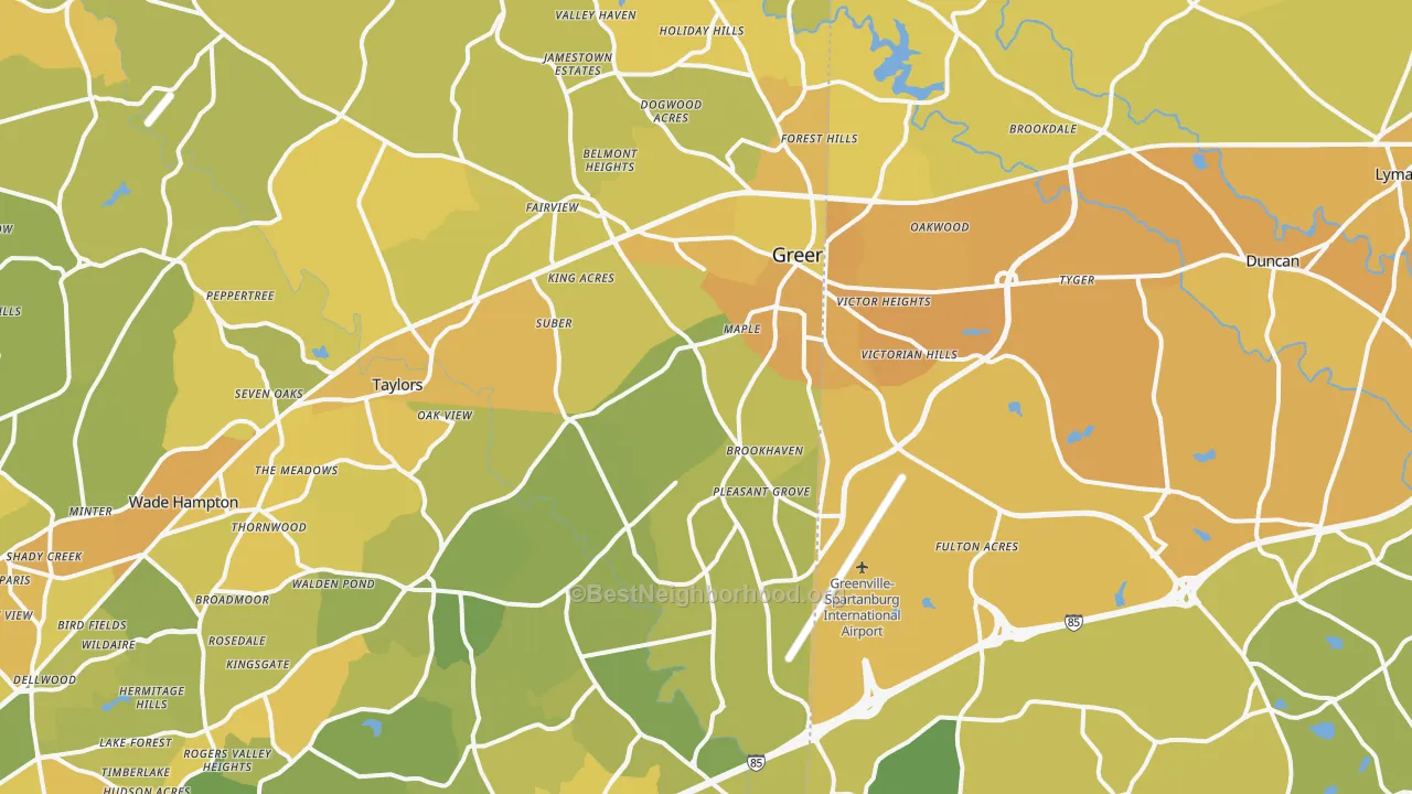 Map of the best neighborhoods in the Greer area, with better matches in green and worse matches in red