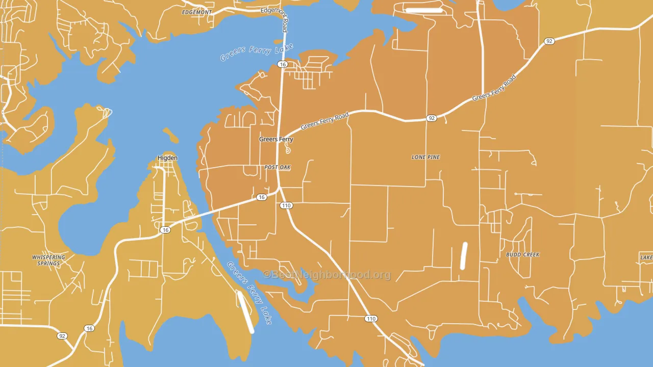 Map of the best neighborhoods in the Greers Ferry area, with better matches in green and worse matches in red