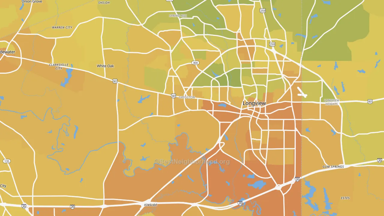 Map of the best neighborhoods in the Gregg County area, with better matches in green and worse matches in red