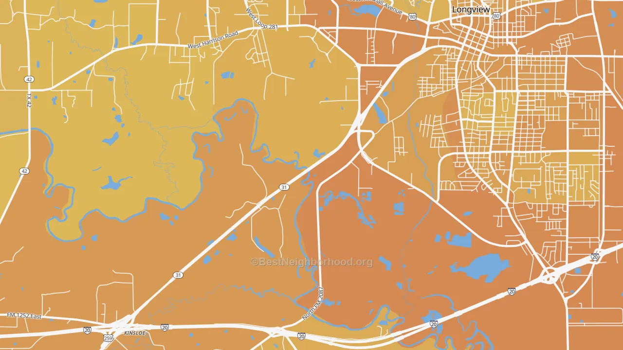 Map of the best neighborhoods in the Greggton area, with better matches in green and worse matches in red