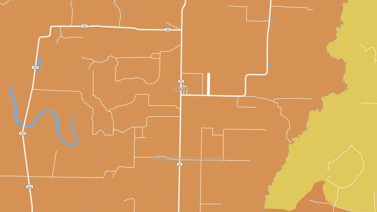Map of the best neighborhoods in the Gregory area, with better matches in green and worse matches in red