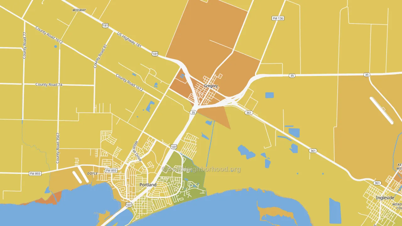 Map of the best neighborhoods in the Gregory area, with better matches in green and worse matches in red