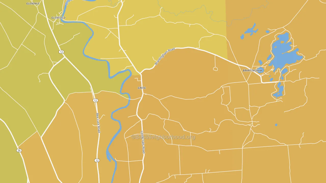 Map of the best neighborhoods in the Greig area, with better matches in green and worse matches in red