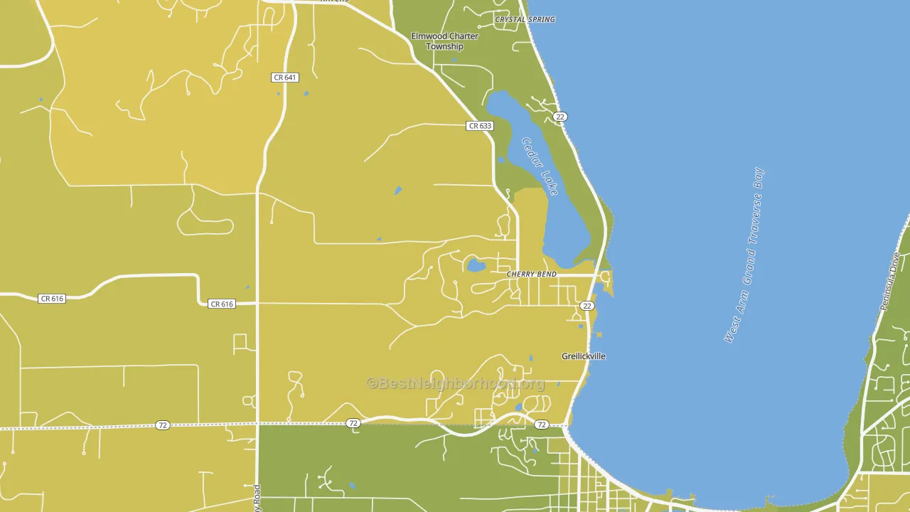 Map of the best neighborhoods in the Greilickville area, with better matches in green and worse matches in red