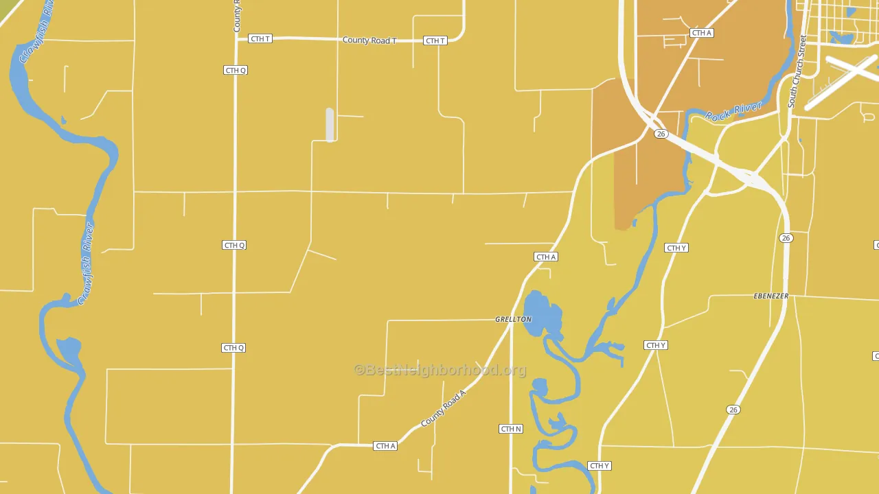 Map of the best neighborhoods in the Grellton area, with better matches in green and worse matches in red