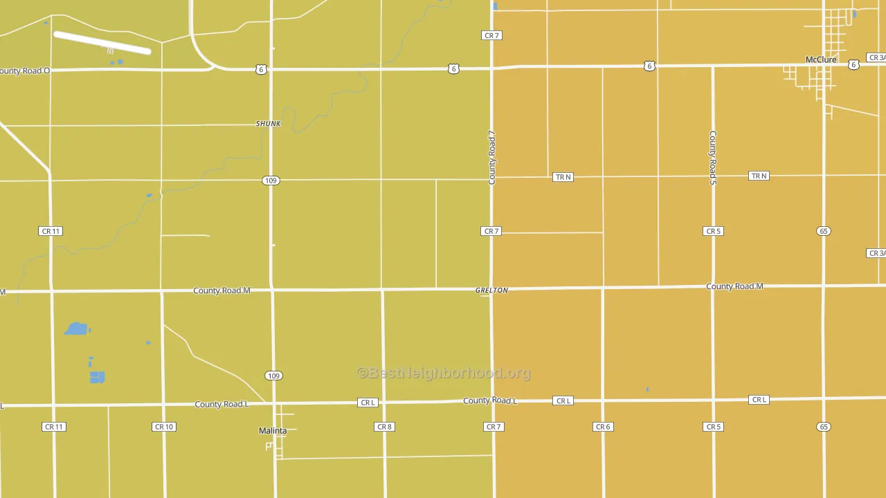 Map of the best neighborhoods in the Grelton area, with better matches in green and worse matches in red