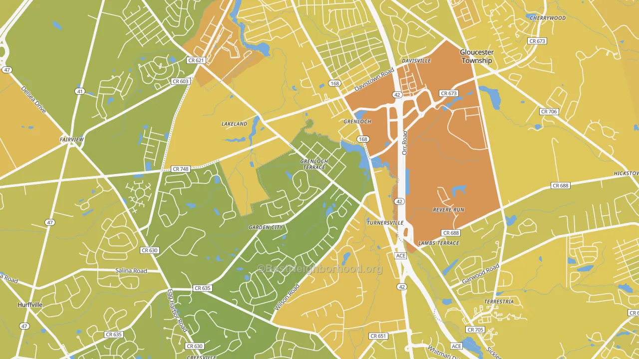 Map of the best neighborhoods in the Grenloch area, with better matches in green and worse matches in red