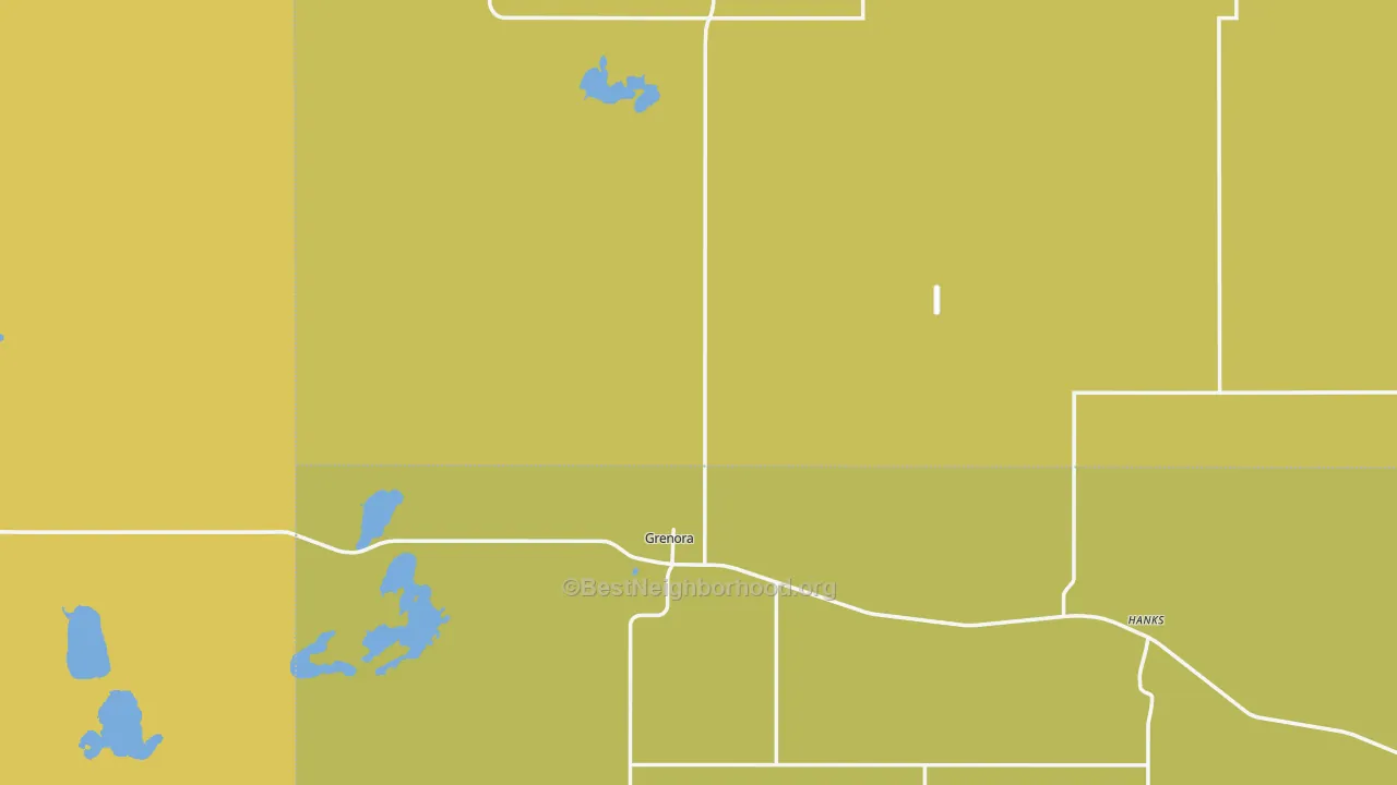 Map of the best neighborhoods in the Grenora area, with better matches in green and worse matches in red