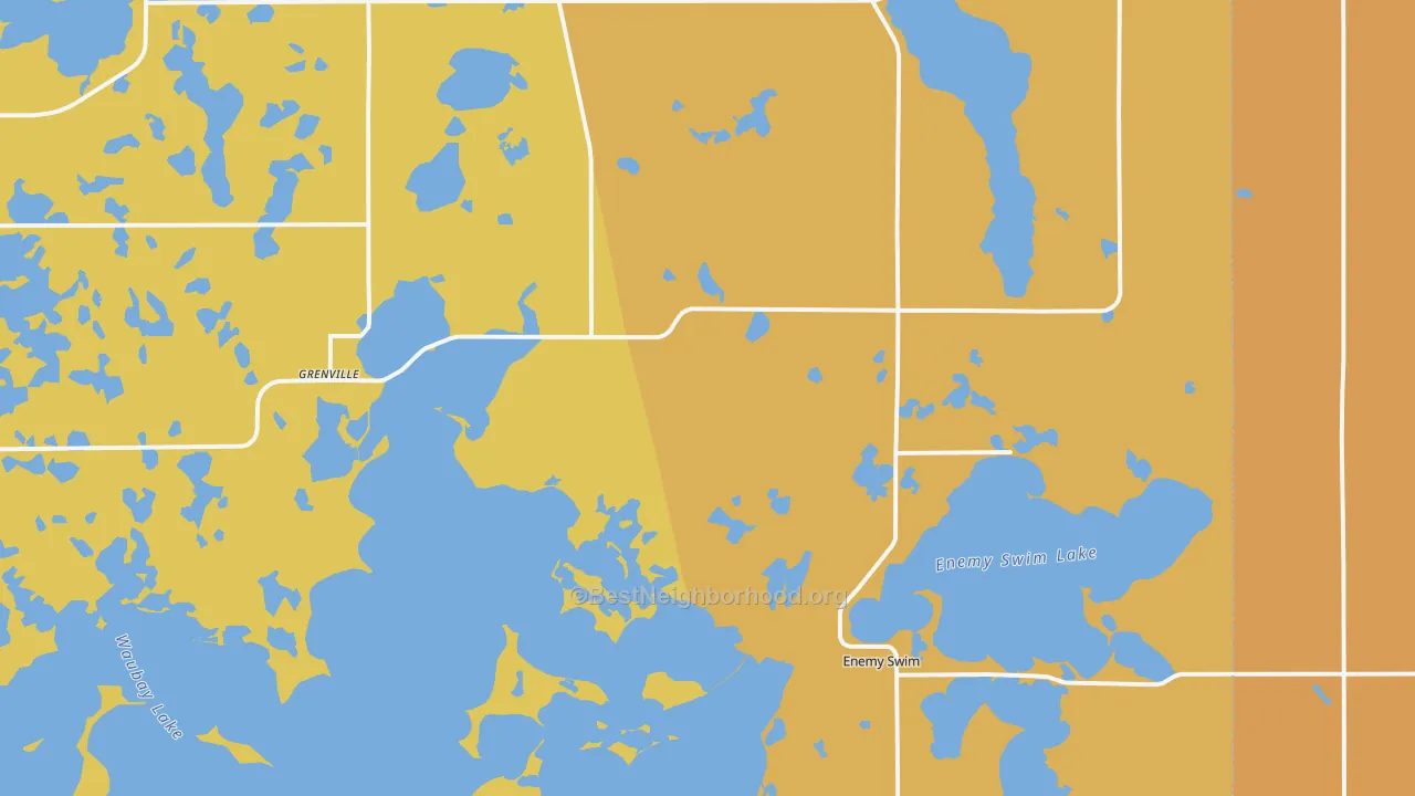 Map of the best neighborhoods in the Grenville area, with better matches in green and worse matches in red
