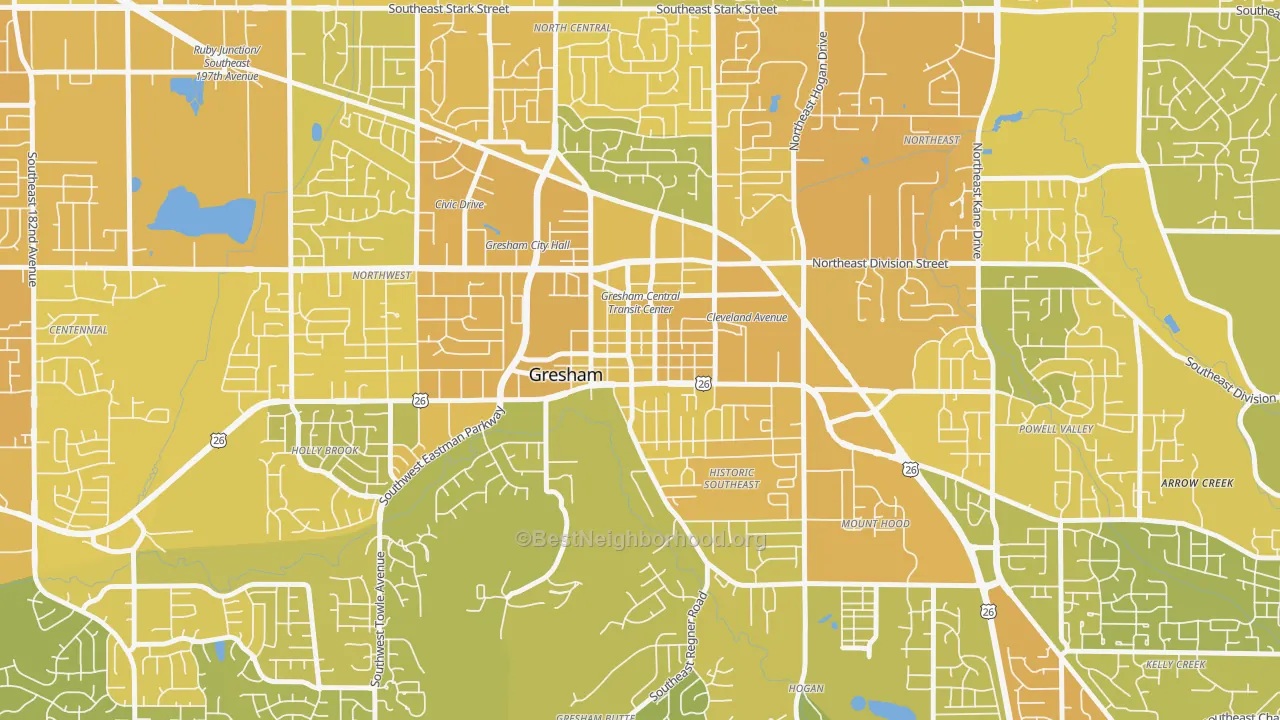 Map of the best neighborhoods in the Gresham-City Central, Gresham area, with better matches in green and worse matches in red