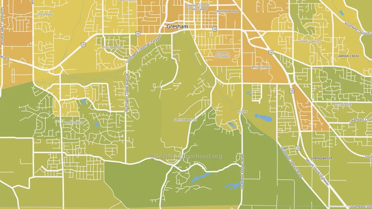 Map of the best neighborhoods in the Gresham-Gresham Butte, Gresham area, with better matches in green and worse matches in red