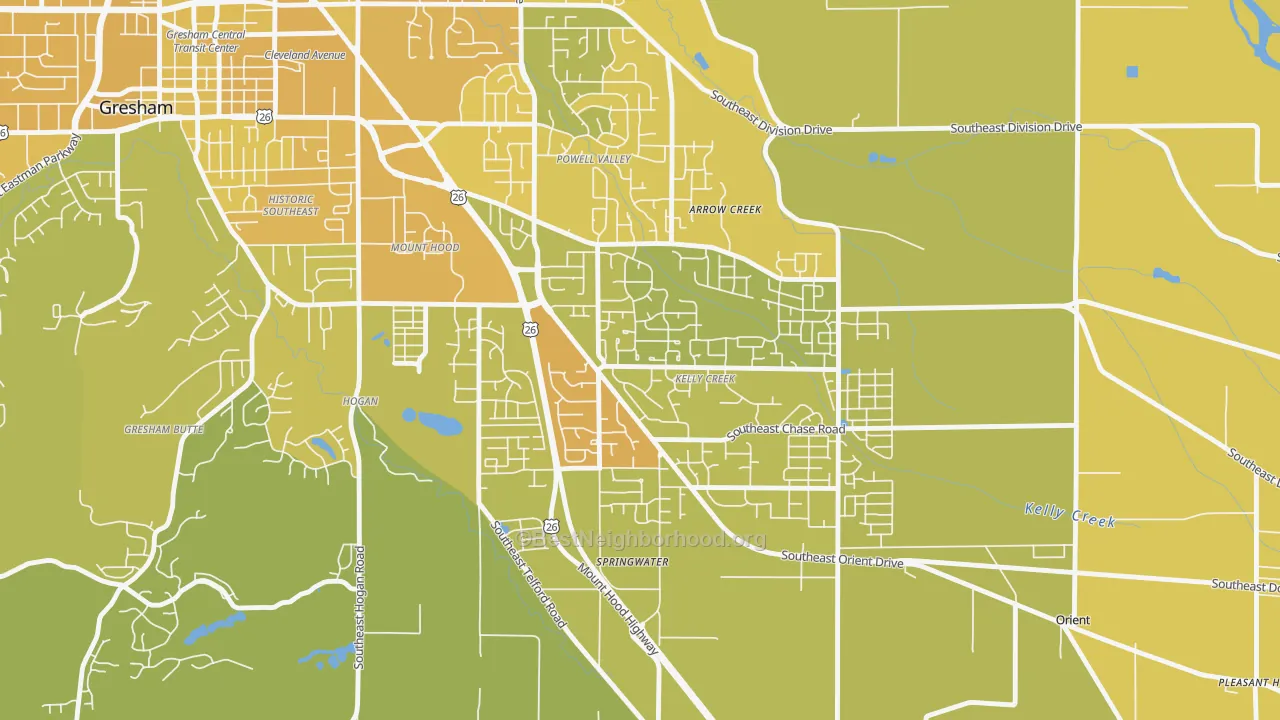 Map of the best neighborhoods in the Gresham-Kelly Creek, Gresham area, with better matches in green and worse matches in red