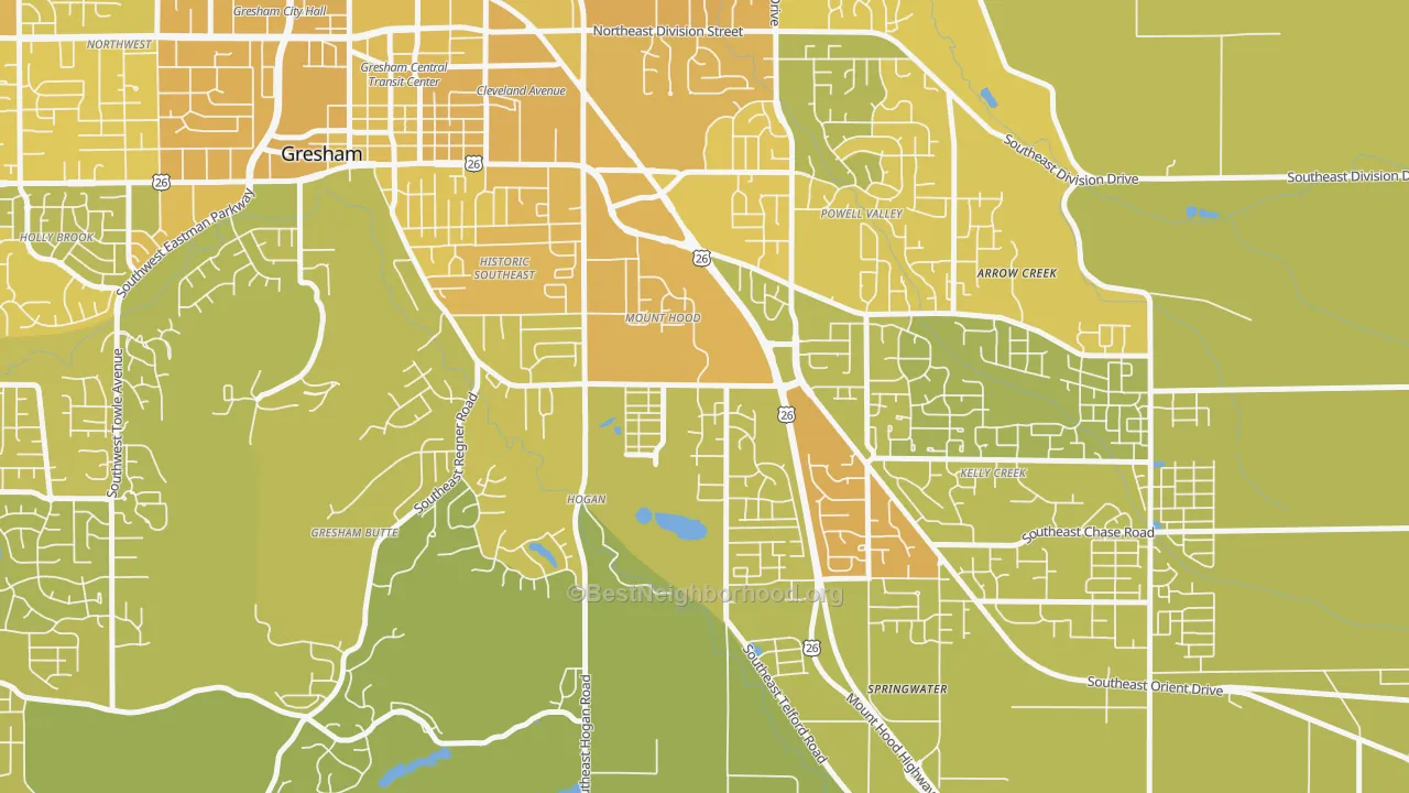 Map of the best neighborhoods in the Gresham-Mt. Hood, Gresham area, with better matches in green and worse matches in red