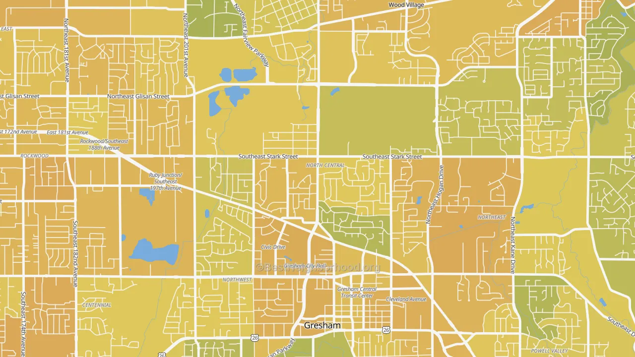 Map of the best neighborhoods in the Gresham-North Central, Gresham area, with better matches in green and worse matches in red