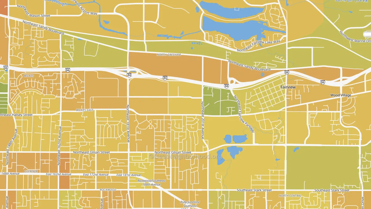 Map of the best neighborhoods in the Gresham-North Gresham, Gresham area, with better matches in green and worse matches in red