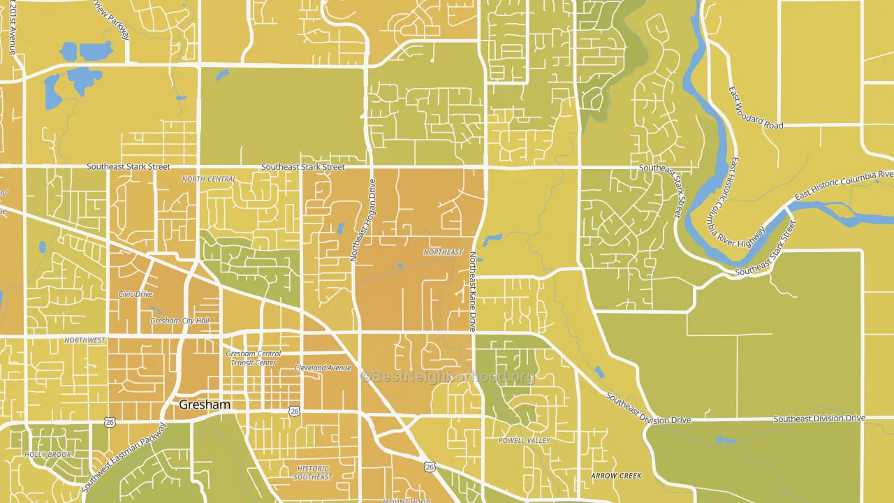 Map of the best neighborhoods in the Gresham-Northeast, Gresham area, with better matches in green and worse matches in red