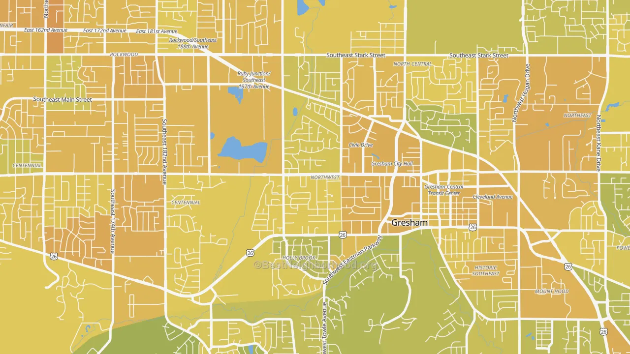 Map of the best neighborhoods in the Gresham-Northwest, Gresham area, with better matches in green and worse matches in red
